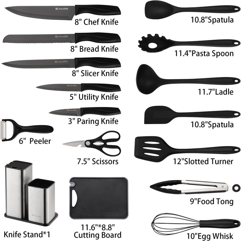 Jaulaors Knife Set with Block,16-Piece Kitchen Knives Stainless Steel,Pro-Sharpened for Cooking,Slicing,Mincing,Dicing,Black - Image 2